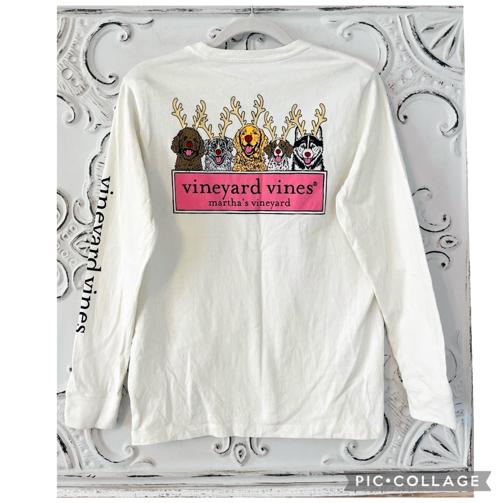 VINEYARD VINES REINDEER PUPS IVORY LONG SLEEVE TEE MARSHMALLOW DOG